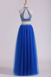 2024 Halter Two Pieces A Line Prom Dresses Beaded Bodice Tulle Floor PRPMYX4A