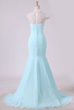 2024 Mermaid Prom Dresses High Neck Chiffon With Applique And Beads Sweep PRYFK2G5