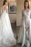 2024 New Arrival Scoop Neck Wedding Dresses See Through Tulle With Applique & Beading Detachable Skirt PMGFEB78