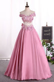 2024 New Arrival Prom Dresses Off The Shoulder Satin With Appliques And PDF75PRY