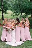 Dusty Pink Chiffon Sheath Off Shoulder Long Bridesmaid Dresses, Wedding Party Dresses STK15141