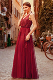 Elegant V Neck Burgundy Beads Appliques Lace Evening Dresses, Long Prom Dresses STK15211