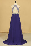 2024 Halter Beaded Bodice Open Back Prom Dresses A Line Chiffon Sweep PT9X63XY