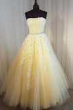 A Line Yellow Strapless Tulle Lace Appliques Prom Dresses, Party STK20389