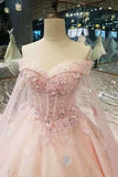 2024 New Arrival Floral Pink Wedding Dresses Off The Shoulder With Handmade Flowers PZXA3K6F