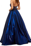 A Line Royal Blue Satin Sweetheart Strapless Prom Dresses with Pockets, Evening Dress STK15553