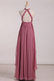 2024 Halter Ruched Bodice Bridesmaid Dresses A Line Chiffon Floor P8PJL6QN