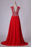 2024 Prom Dress V Neck Open Back Chiffon With Beading Sweep PGP2GET6