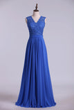 2024 V Neck Cap Sleeves Prom Dresses Chiffon Floor Length With Applique & PFF4Q52B