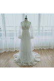 A Line Long Sleeves Deep V Neck Lace Backless Wedding Dresses Long Bridal STKPBASH993