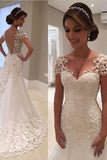 2024 New Arrival Mermaid/Trumpet V-Neck Tulle Wedding Dresses With Applique P9623872