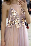 Elegant A Line Spaghetti Straps V Neck Prom Dress With Handmade Flowers, Bridesmaid Dress STK15577