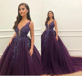 Grape Elegant Tulle V-neck Floor-length Ball Gown Prom Dresses