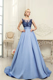 2024 Scoop Blue A-Line Appliques Satin Backless Sleeveless Quinceanera Dress Prom Dresses