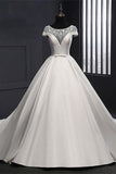 Chic Round Neck Lace Satin Short Sleeves Long Ball Gown Wedding Dresses