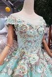 Elegant Ball Gown Cap Sleeve Lace up Scoop with Lace Appliques Beads Prom Dresses