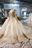 Princess Long Sleeve Ball Gown Scoop With Applique Beads Lace up Prom Dresses