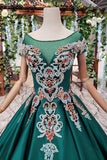 Simple Green Satin Short Sleeve Ball Gown Lace up with Applique Beads Prom Dresses