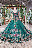 Simple Green Satin Short Sleeve Ball Gown Lace up with Applique Beads Prom Dresses