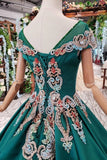 Simple Green Satin Short Sleeve Ball Gown Lace up with Applique Beads Prom Dresses