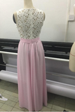 Gorgeous Lace Chiffon A-Line Formal Prom Gown With Pearls Blush Pink Long Prom Dresses