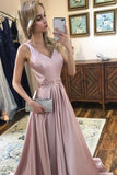 Elegant A Line V Neck Satin Beads V Back Pink Sleeveless Long Prom Dresses