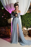 Charming Off the Shoulder Appliques Grey Long-Sleeves Evening Dress Elegant Prom Gowns