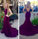 Simple Bateau Neck Sleeveless Sweep Train Royal Blue / Red Prom Dress