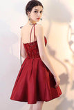 A Line Burgundy V Neck Lace Spaghetti Straps Short Prom Dresses Homecoming Dresses