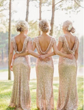 Sequin Short Sleeve Cap Sleeve Mermaid Backless Gold Long Cheap Bridesmaid Dresses