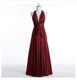 Sexy Burgundy Deep V-Neck Sleeveless Floor-Length Backless Prom Dresses