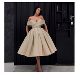 Unique Off the Shoulder Gold V Neck Ball Gown Satin Short Prom Dresses with Pockets