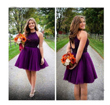 Purple Short Halter Neck Backless Beads Tulle Juniors Mini Sweet 16 Homecoming Dress