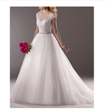 Simple White V-Neck Sleeveless Tulle Lace Beads Floor-Length Wedding