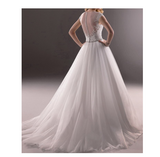 Simple White V-Neck Sleeveless Tulle Lace Beads Floor-Length Wedding