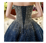 Best Ball Gown Strapless Floor Length Tulle Navy Blue Prom/Evening Dresses with Beading