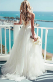 Sweep Train Spaghetti Straps Ivory Sweetheart Backless Beach Wedding Dresses