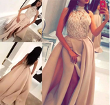 A line Lace Slit High Neck Sleeveless Floor-Length Long Prom Dresses