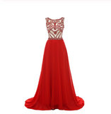 Gorgeous Red High Neck Sleeveless A-Line Beaded Bodice Chiffon Long Prom Dresses