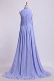 High Neck Prom Dresses Pleated Bodice A-Line Chiffon Sweep STKPQS3MK7G