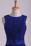 2024 Dark Royal Blue Prom Dresses Scoop A Line Chiffon With Beading Floor P6ZBETQN