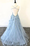 Elegant Spaghetti Straps Lace Applique Blue Bateau Tulle Backless Long Prom Dresses STK15201