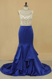 2024 Prom Dresses High Neck Beaded Bodice Mermaid/Trumpet Satin Sweep P8Q28D7K