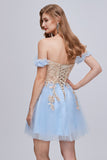 Chic Blue Off The Shoulder Lace Appliques Tulle Homecoming Dresses