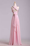 2024 Prom Dresses A-Line Cross Back Floor-Length Chiffon Pink Ready To PH3S1HGA