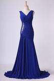 2024 V Neck Pleated Bodice Column Sweep Train Prom Dress PANXC188