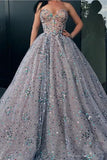 Princess Strapless Sweetheart Beads Ball Gown Rhinestone Prom Dress with Long Sparkly STK15308