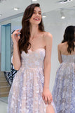 Charming Sweetheart Strapless Lace Appliques Lilac Prom Dresses with STK20404