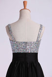 2024 Prom Dresses Straps A Line Short/Mini Beaded Bodice With Pleated PA24HMEA