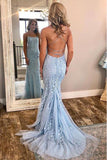 Chic Trumpet Spaghetti Straps With Lace Appliques Light Blue Prom Dresses